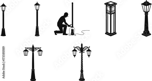 Vector illustration of vintage and modern street lamps, decorative lantern posts, worker repairing light, ornate outdoor designs, elegant classic city lighting.