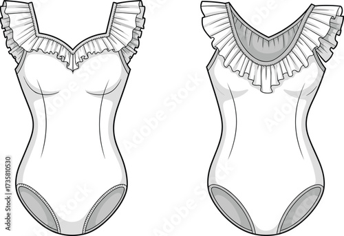 Fashion bodysuit design with ruffle details, elegant women clothing template, stylish garment illustration, fashion sketch, apparel vector, trendy outfit design