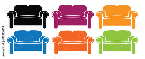 Vector art of colorful couch illustration, featuring a variety of colors including black, purple, orange, blue, and green, each with armrests and cushions for seating