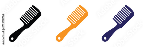 Illustration of combs showcasing three different colors black, orange, and blue, each comb featuring a handle and evenly spaced teeth for hair styling and grooming