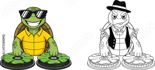 Funny cartoon turtle DJ playing music on turntables with headphones and stylish outfit, cool animal disc jockey illustration concept