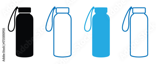 Vector art of depiction of water bottles, rendered in black, white, and blue, each featuring a cylindrical body, a cap, and a loop for carrying, ideal for hydration