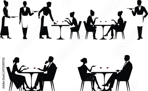 Restaurant dining silhouette, couple dinner, waiter service, fine dining, romantic date, business meeting, wine glasses, elegant restaurant, hospitality service, conversation