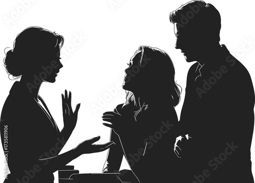 Silhouette group conversation, people talking, man and women discussion, communication illustration, meeting, teamwork, business talk, social interaction, office, brainstorming, cooperation