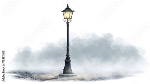 Vintage lamppost glowing in fog or snow on a white background.