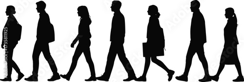 Silhouette group of people walking forward, diverse crowd illustration, business and casual individuals, urban lifestyle concept, teamwork movement, professional walking figures