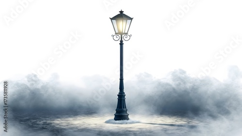 Vintage lamppost glowing in fog or snow on a white background.