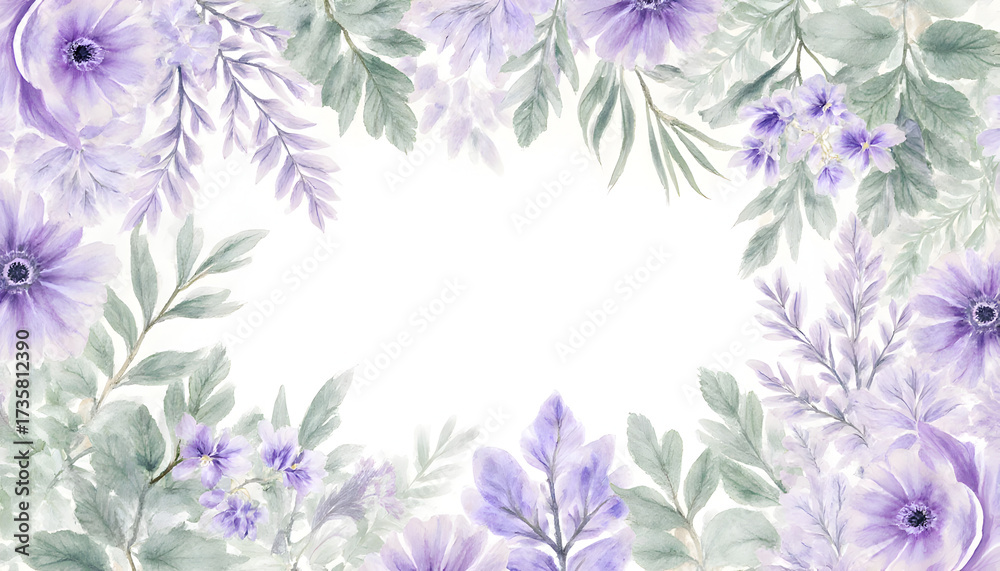 Fototapeta premium Watercolor Lavender Flowers Flower Frame Border with Green Leaves on White Background