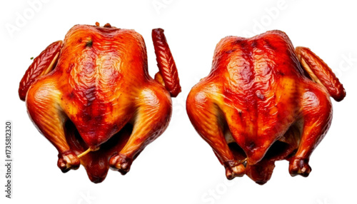 Delicious whole roasted chicken pair ready to serve, isolated on transparent background