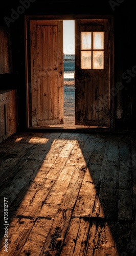 Sunlight streams through an open doorway, illuminating a worn wooden floor within a dimly lit interior.