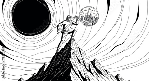 Man on mountain peak observes city black and white illustration conceptual vision