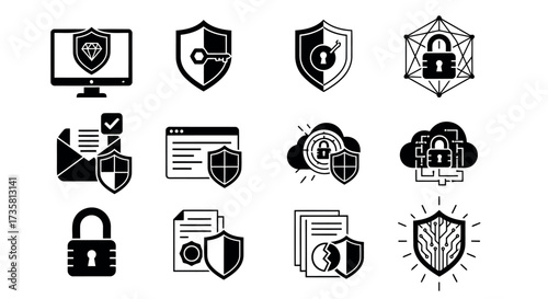 Security shield icon set vector glyph design for data protection isolated on white background