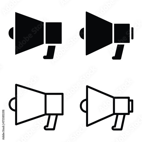 Vector art of four megaphone icons, showcasing different styles of loudspeaker symbols, ideal for representing announcements, promotions, and communication in a bold and clear manner