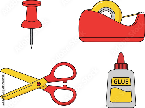 School supplies vector clip art set with tape glue pin scissors