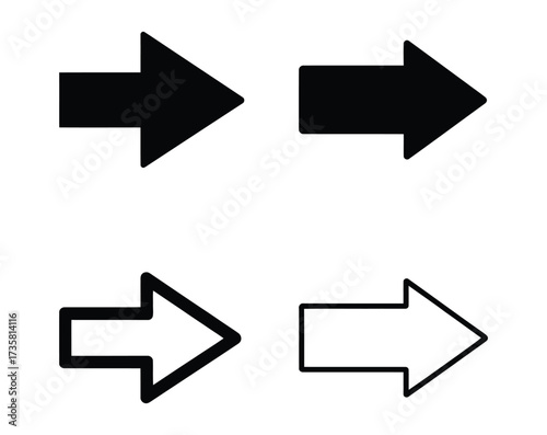 Vector art of four arrows, two filled and two outlined, pointing to the right, representing direction, navigation, or progression in a simple and clean design, suitable for icons