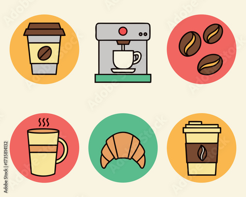 A colorful set of delicious coffee and pastry vector icons, including coffee makers, coffee beans, cups, and croissants.