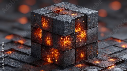 Glowing lava cube illuminating dark digital structure