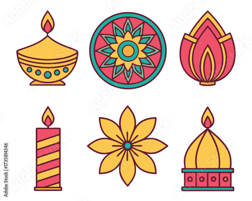Vector illustration of six different Diwali symbols icons