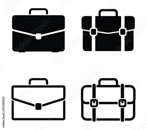Vector art of a set of briefcase icons, displaying different designs and styles, these icons symbolize business, professionalism, and carrying important documents and items