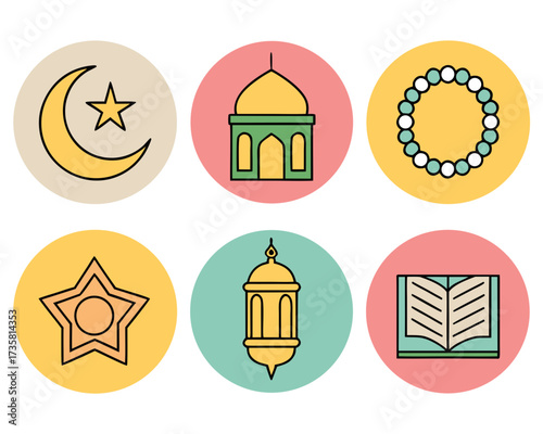 Ramadan icons: crescent, mosque, prayer beads, star, lantern, and Quran.