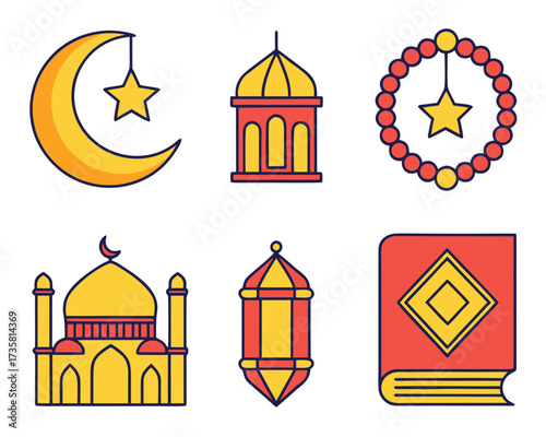 A collection of six colorful, flat-style icons representing Islamic symbols for Ramadan and Eid.