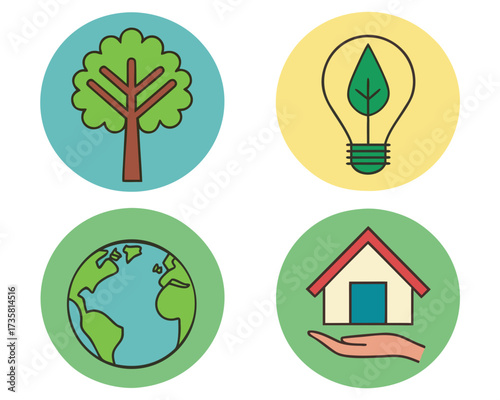 Four circular icons representing environmental themes: tree, lightbulb with leaf, Earth, and house on a hand.