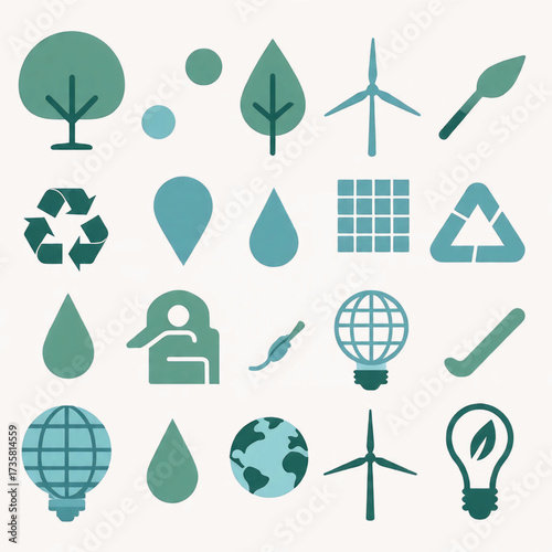 Collection of icons representing environmental concepts, including nature, renewable energy, and conservation