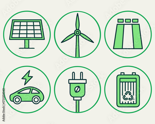 Icons depicting renewable energy sources and electric vehicles.