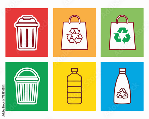 A set of six colorful square icons depicting various items related to recycling and environmental conservation, including bins, bags, and bottles.