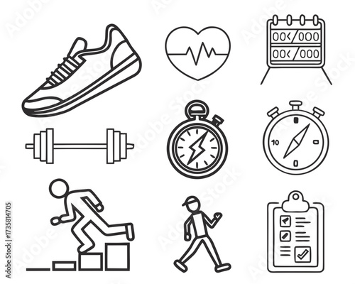 Fitness and exercise icons: shoe, heart, calendar, dumbbell, stopwatch, compass, running, walking, clipboard.