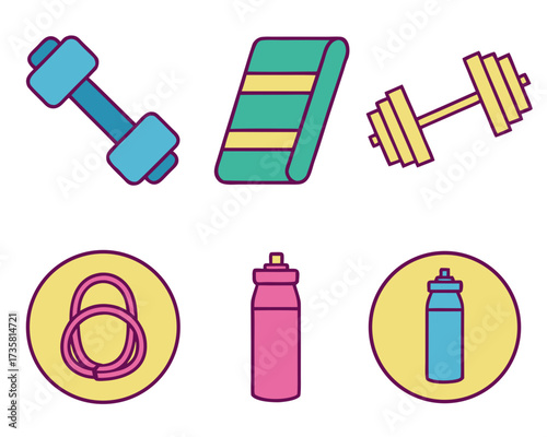 Collection of fitness and workout equipment, including dumbbells, yoga mat, water bottles, and jump rope.