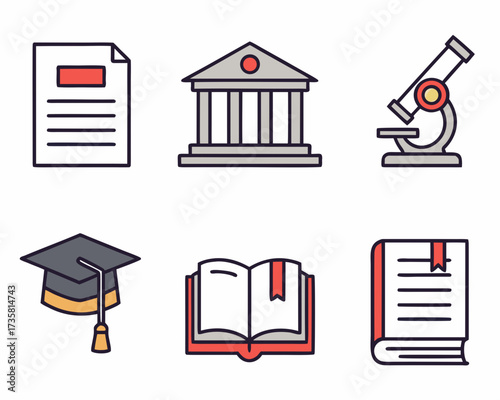 A collection of six colored line art icons representing education, academia, and scientific study.