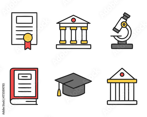 A collection of six colorful line icons representing education, learning, and academic achievements, including a diploma, university buildings, a microscope, a book, and a graduation cap.