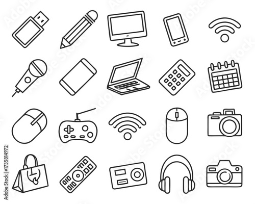 Collection of hand-drawn outline icons representing various technological devices and accessories.