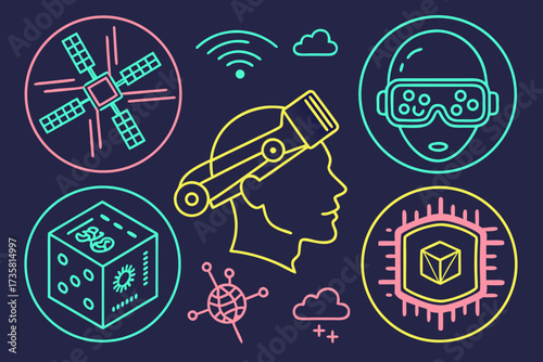 Neon line art icons depicting various future technologies like virtual reality, augmented reality, satellites, AI, and global connectivity.