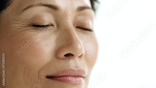 Close up of an Asian womans face with eyes closed in peaceful meditation.