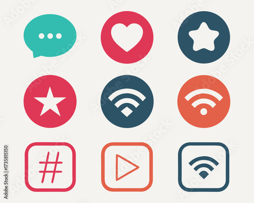 A grid of nine colorful flat design icons representing social media, communication, and digital connectivity, including chat bubbles, hearts, stars, WiFi, hashtags, and play buttons.