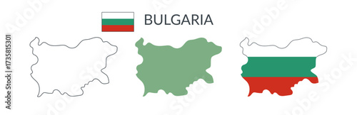 Bulgaria country geographical borders isolated on white background. Flag of Bulgaria. Vector flat cliparts.