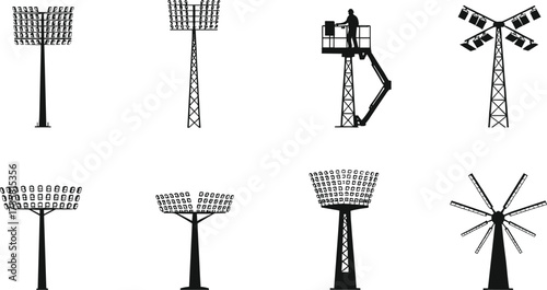Vector illustration of stadium floodlights, tall lighting towers, worker fixing lamps, sports field illumination, modern outdoor lighting design, and powerful spotlight poles.