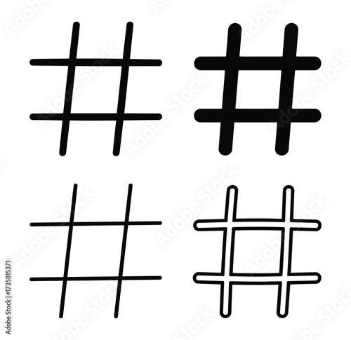 Vector art of a collection of hashtag symbols in both solid and outline styles, , representing social media, categorization, and digital communication icons
