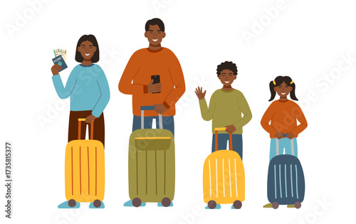 Family with suitcases cliparts isolated on white. Concept of travel, vacation, family trip. Vector flat cliparts.