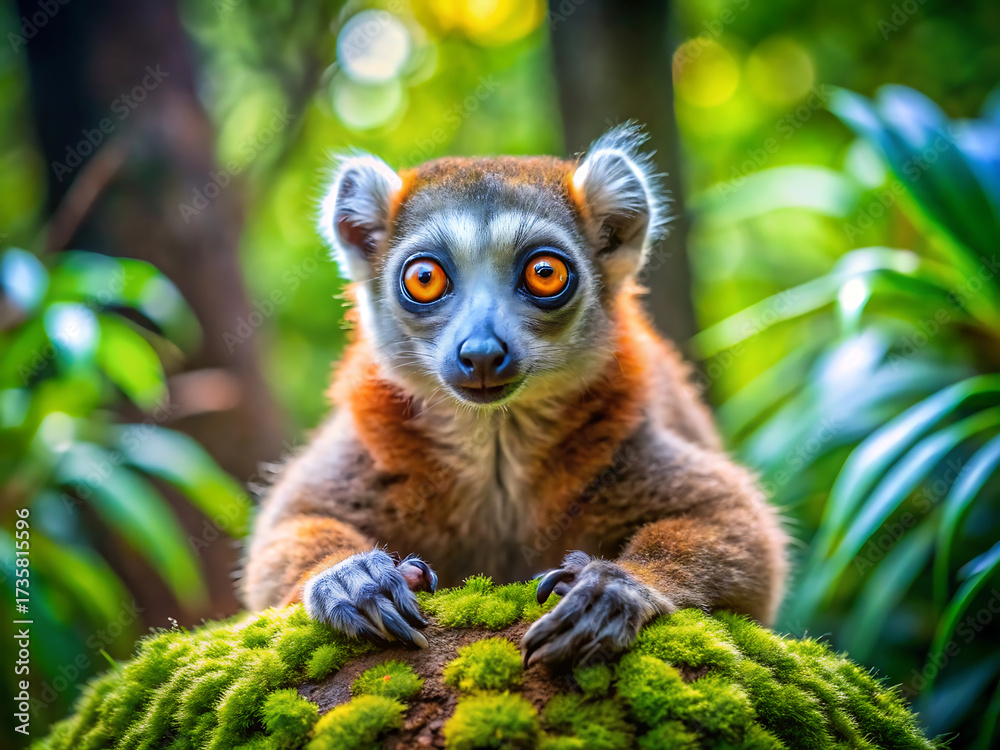 Naklejka premium Closeup portrait of a redfronted brown lemur with striking orange eyes in a forest