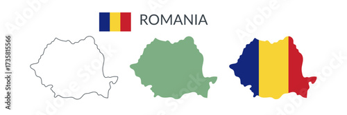 Romania country geographical borders isolated on white background. Flag of Romania. Vector flat cliparts.