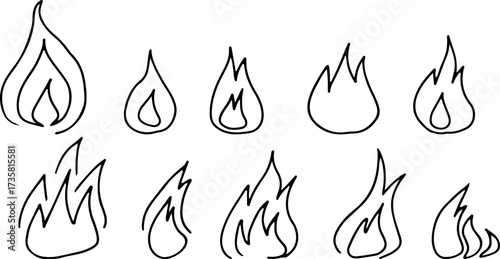 Collection of hand-sketched flames and blazing fire illustrations, drawn with black curved lines in grunge style
