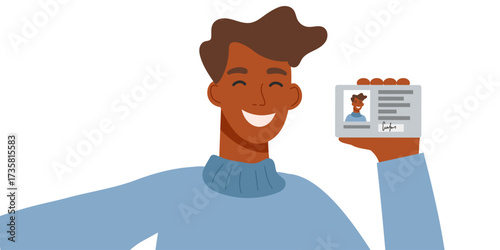 Identity and protection concept. Man holding a document and taking a photo of himselth isolated on white background. Vector flat clipart.
