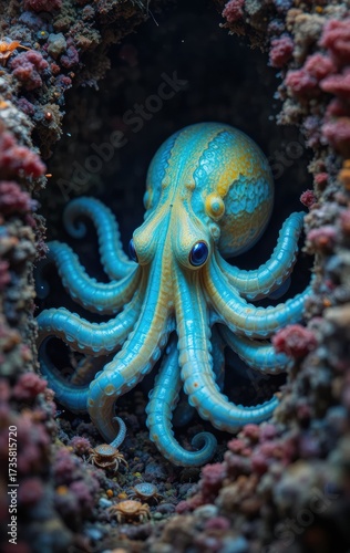A captivating blue and yellow octopus cautiously emerges from its dark, secluded coral reef hideaway