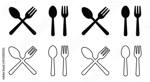 Vector art of an array of forks and spoons are arranged in various configurations, showcasing different placements and orientations of the cutlery