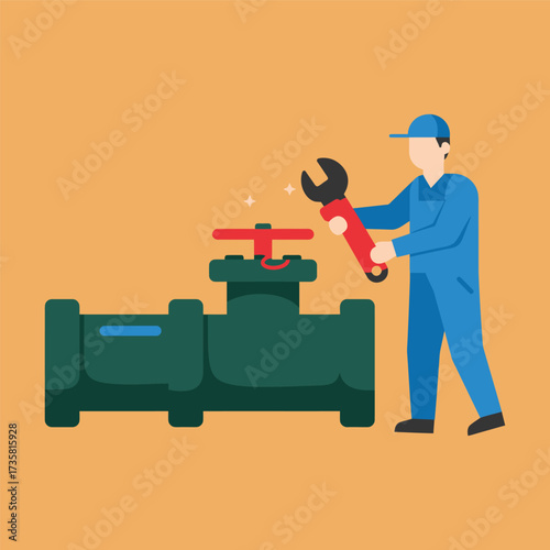 Plumber fixing a pipe with a wrench repair maintenance worker service tool engineer construction industry plumbing job uniform blue
