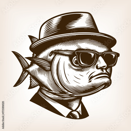 man with a fish head wearing a suit, hat, and sunglasses, symbolizing surrealism and humor sketch engraving generative ai fictional character vector illustration. Scratch board. Black and white image.