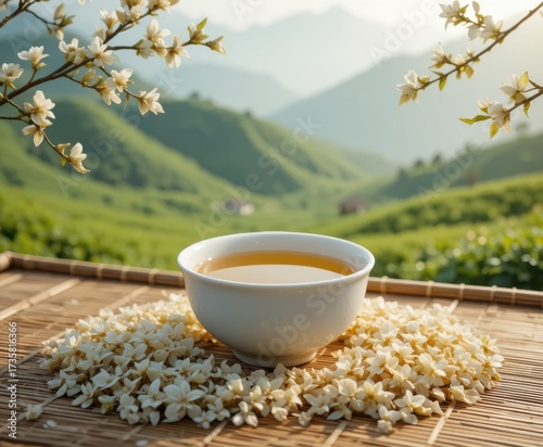 Serene cup of floral tea surrounded by white blossoms on a bamboo mat with a lush mountain landscape background